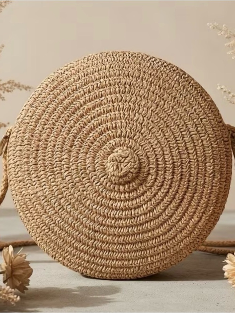 Round Woven Crossbody Bag in Natural